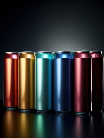 A row of cans in different colors lined up on a table, AIの素材