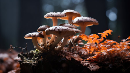 A group of mushrooms growing on a tree stump in the woods, AIの素材
