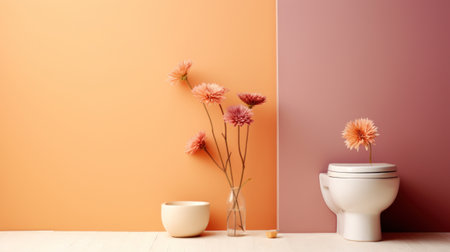 A toilet with flowers in vase on wall next to a pink and orange bathroom, AIの素材
