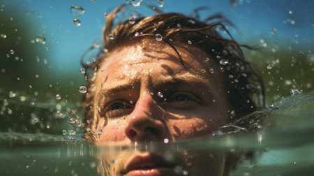 A close up of a man swimming in water with bubbles, AIの素材