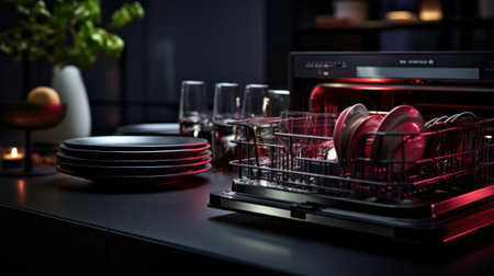 A dishwasher with dishes in it on a counter top, AIの素材