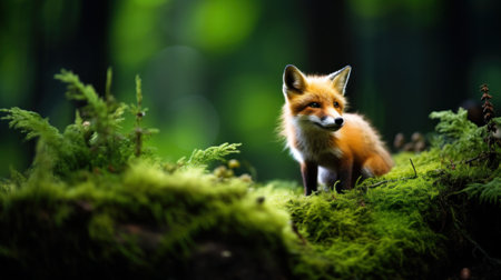 A small fox sitting on top of a moss covered hill, AIの素材