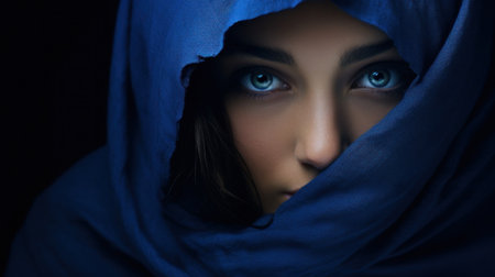 A woman with blue eyes wearing a scarf over her face, AIの素材