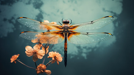 A dragonfly with orange and black wings sitting on a flower, AIの素材
