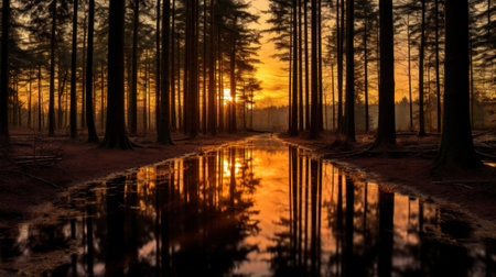 A forest with a small stream running through it at sunset, AIの素材