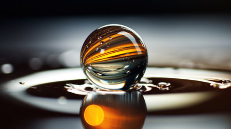 A close up of a drop in water with an orange light, AIの素材