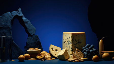 A bunch of cheese and other food items are on a table, AIの素材