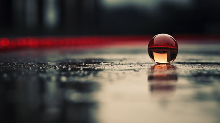 A red ball sitting on a wet surface with the reflection of another object, AIの素材