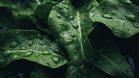 A close up of a green leaf with water droplets on it, AIの素材