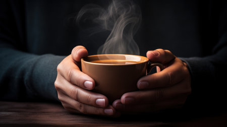 A person holding a cup of steaming hot coffee with smoke coming out, AIの素材