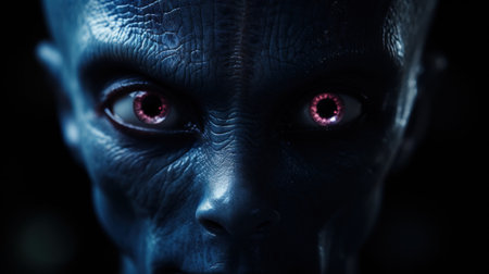 A close up of a blue alien with red eyes and glowing, AIの素材
