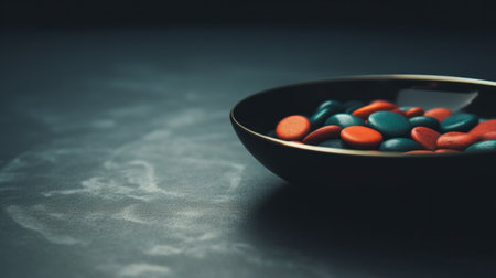 A bowl of colorful pills on a table with black background, AIの素材