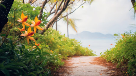A path leading to a beach with trees and flowers, AIの素材