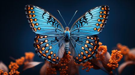 A butterfly with orange and blue spots on its wings is sitting on a flower, AIの素材