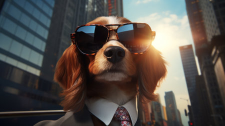 A dog wearing sunglasses and a suit with tie on the street, AIの素材