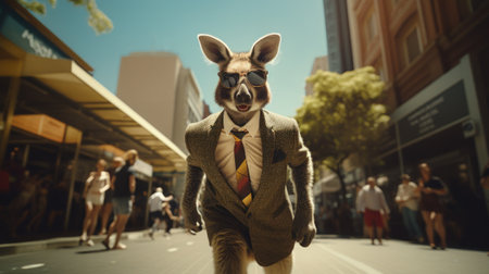 A kangaroo wearing a suit and tie walking down the street, AIの素材