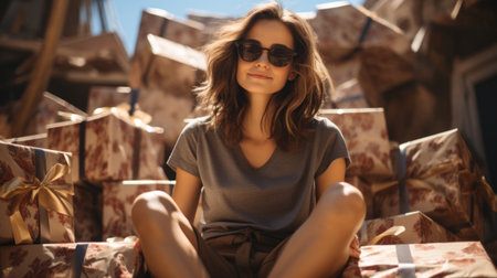 A woman sitting on a pile of presents with sunglasses, AIの素材