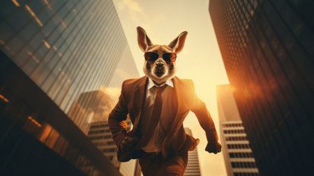 A man in a suit and tie running through the city, AIの素材