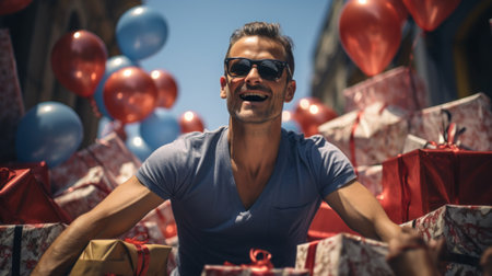 A man with sunglasses and a smile sitting on top of boxes, AIの素材