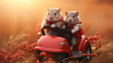 Two hamsters in red outfits riding a toy car through the field, AIの素材