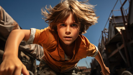 A young boy with a long hair is riding on something, AIの素材