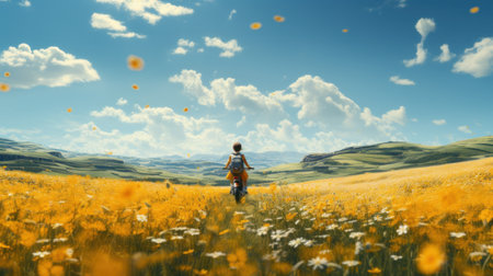 A person riding a motorcycle through the middle of flowers, AIの素材