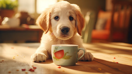 A dog sitting next to a coffee cup on the table, AIの素材