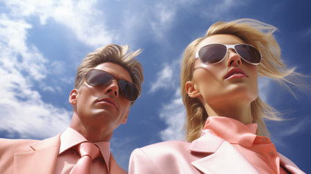 A man and woman in matching pink suits with sunglasses, AIの素材