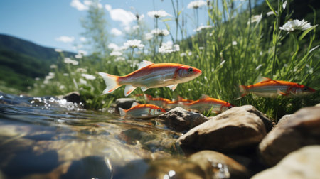 A group of fish surreal swimming in the air near some rocks, AIの素材