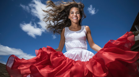 A woman in a white dress with red skirt dancing, AIの素材