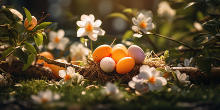 A nest of eggs in a tree with flowers and leaves, AIの素材