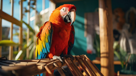 A colorful parrot perched on a wooden perch in an indoor setting, AIの素材