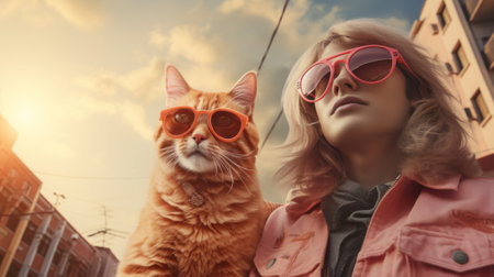 A woman wearing sunglasses and a cat with red glasses, AIの素材