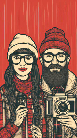 A couple with a camera and beard, AIの素材