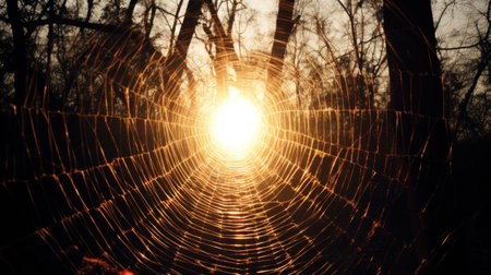 A spider web in the middle of a forest with sun shining through, AIの素材