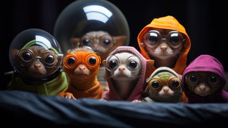 A group of small animals wearing hoods and goggles are sitting together, AIの素材