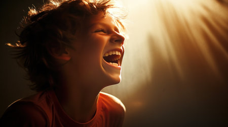 A young boy laughing with his mouth open in the sun, AIの素材