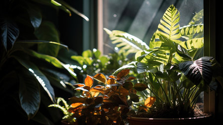 A bunch of plants are sitting in a pot near the window, AIの素材