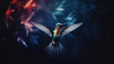 A colorful bird flying in the air with a blue background, AIの素材