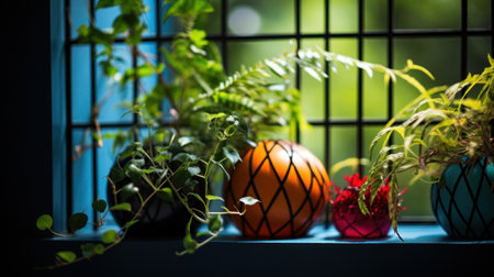 A group of colorful vases with plants in them sit on a window sill, AIの素材