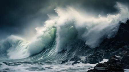 A large wave crashing over a rocky shore with dark clouds in the sky, AIの素材