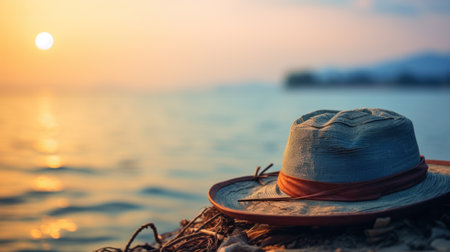 A hat on a stick by the water at sunset, AIの素材