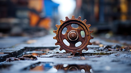 A rusty cog on a wet street with reflections of buildings, AIの素材