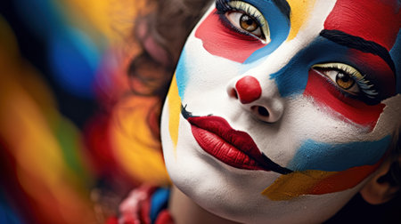 A woman with painted face and clown makeup posing for a picture, AIの素材