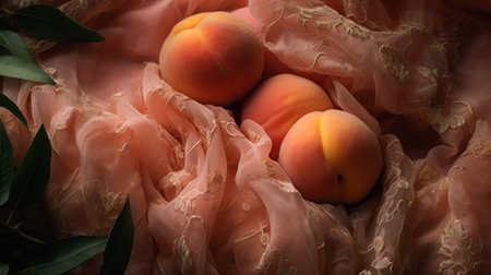 Three peaches are on a pink fabric with leaves, AIの素材