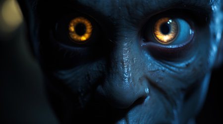 A close up of a mans face with glowing eyes, AIの素材