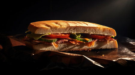 A sandwich with lettuce, tomatoes and cucumbers on a piece of foil, AIの素材