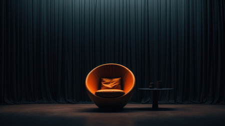 A chair and table in a dark room with curtains, AIの素材