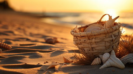 A basket filled with shells on the beach at sunset, AIの素材