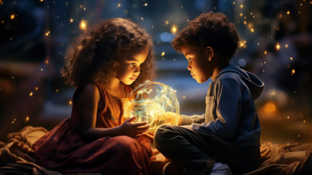 Two children sitting on a bed with glowing lights around them, AIの素材